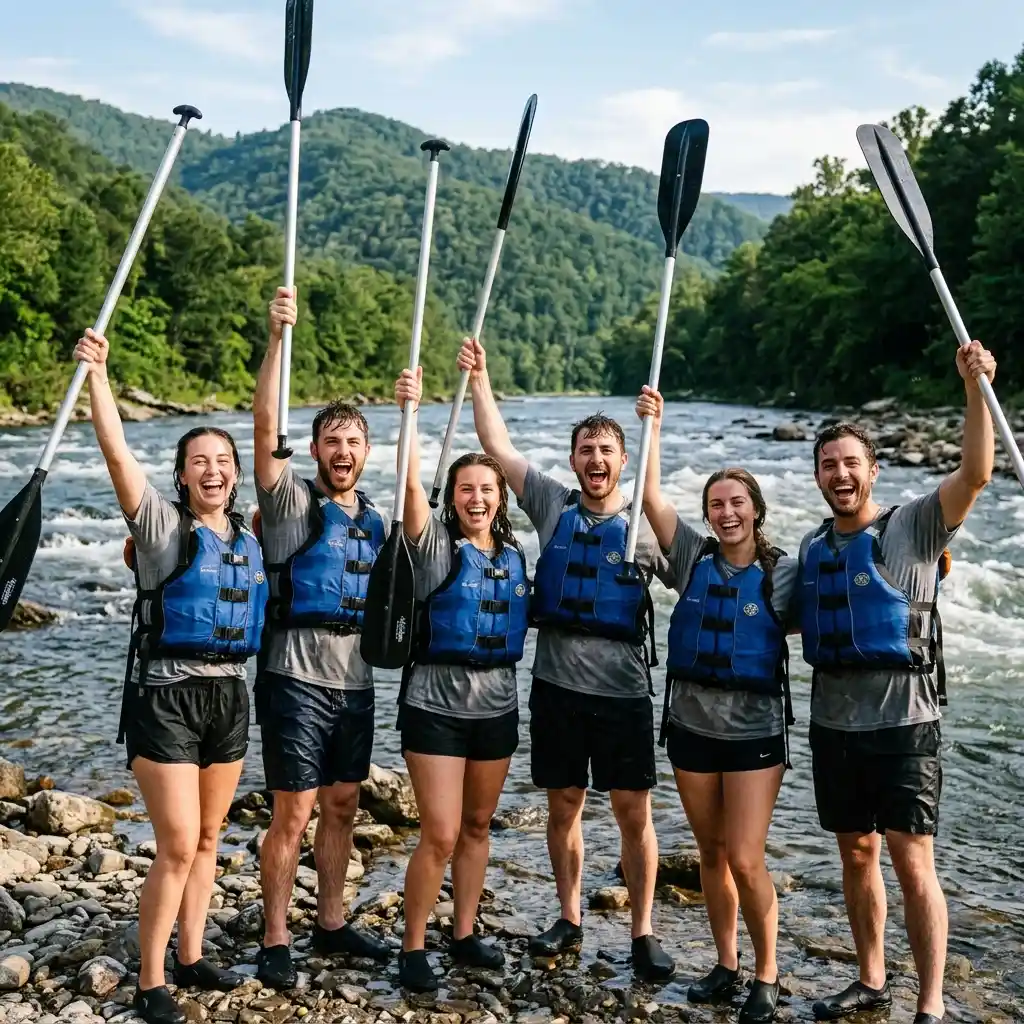 Kerja Sama Mendayung Perahu Rafting